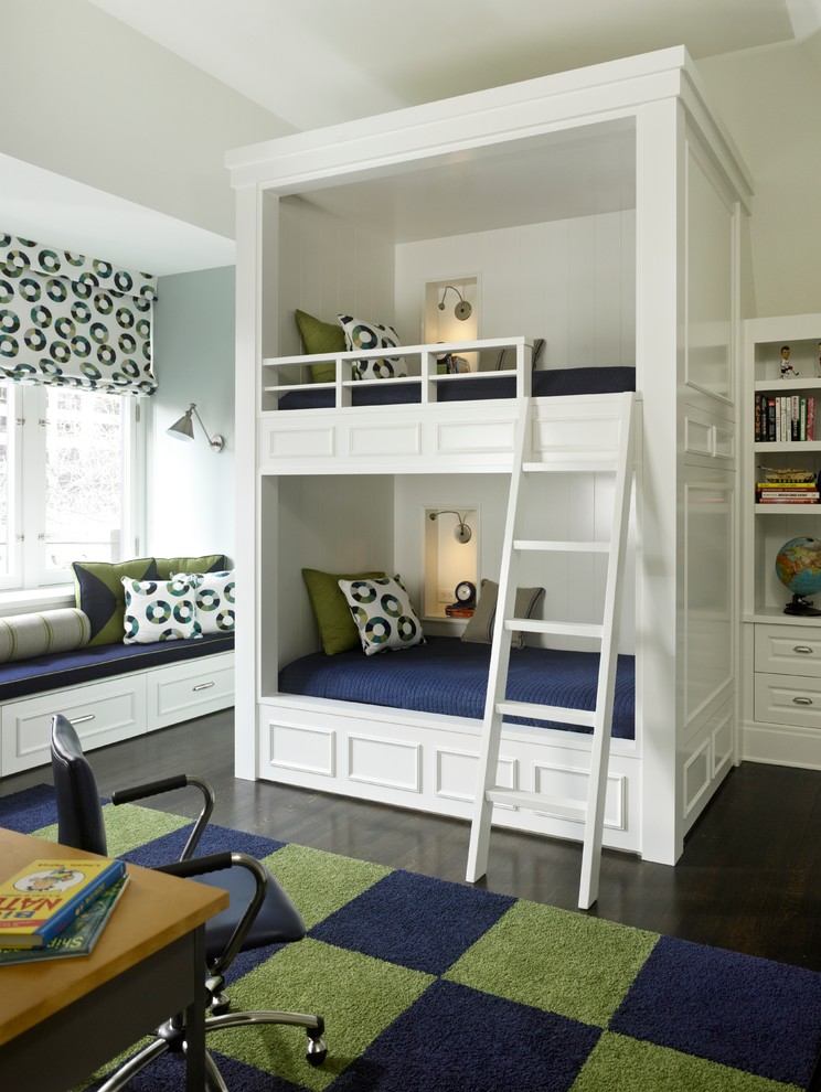 Traditional gender-neutral kids' bedroom in Chicago with white walls and dark hardwood floors for kids 4-10 years old.