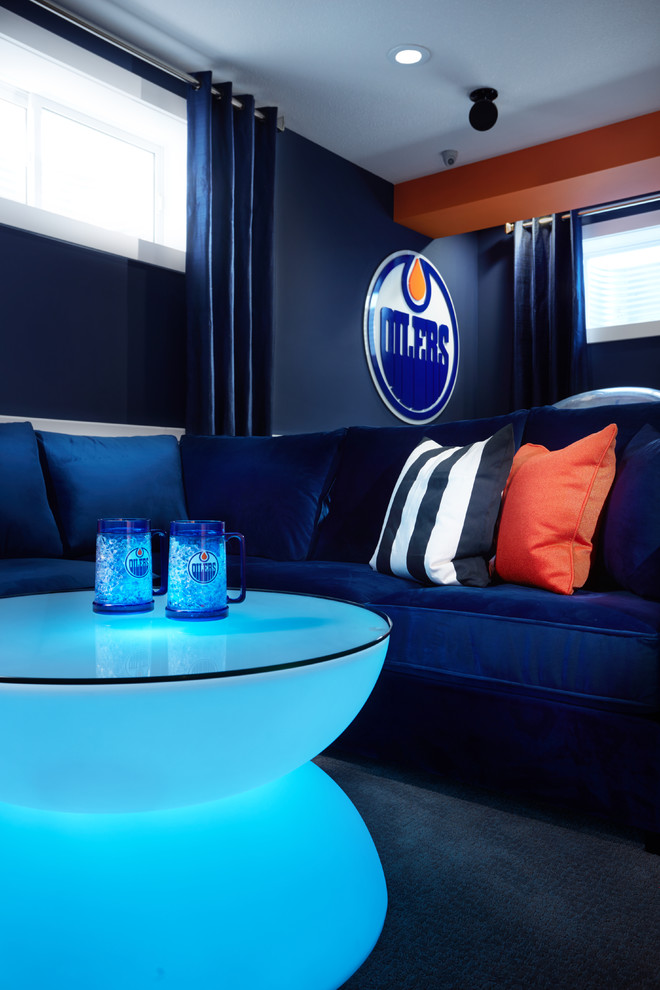 Design ideas for a transitional basement in Edmonton with blue walls, carpet and blue floor.