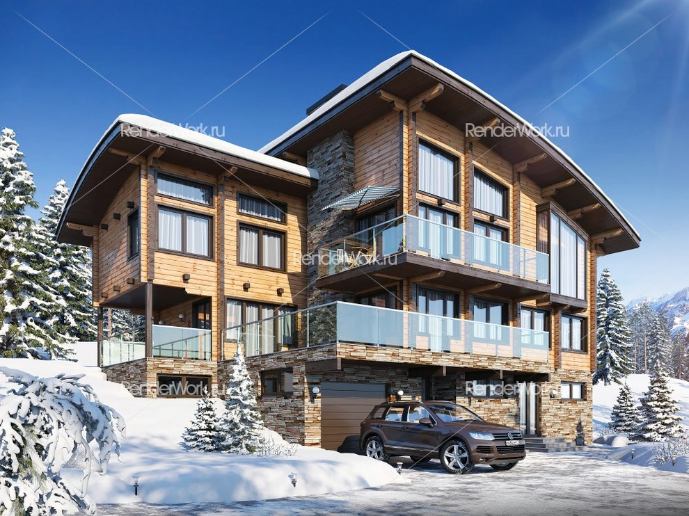 Визуализация деревянного дома на склоне горы