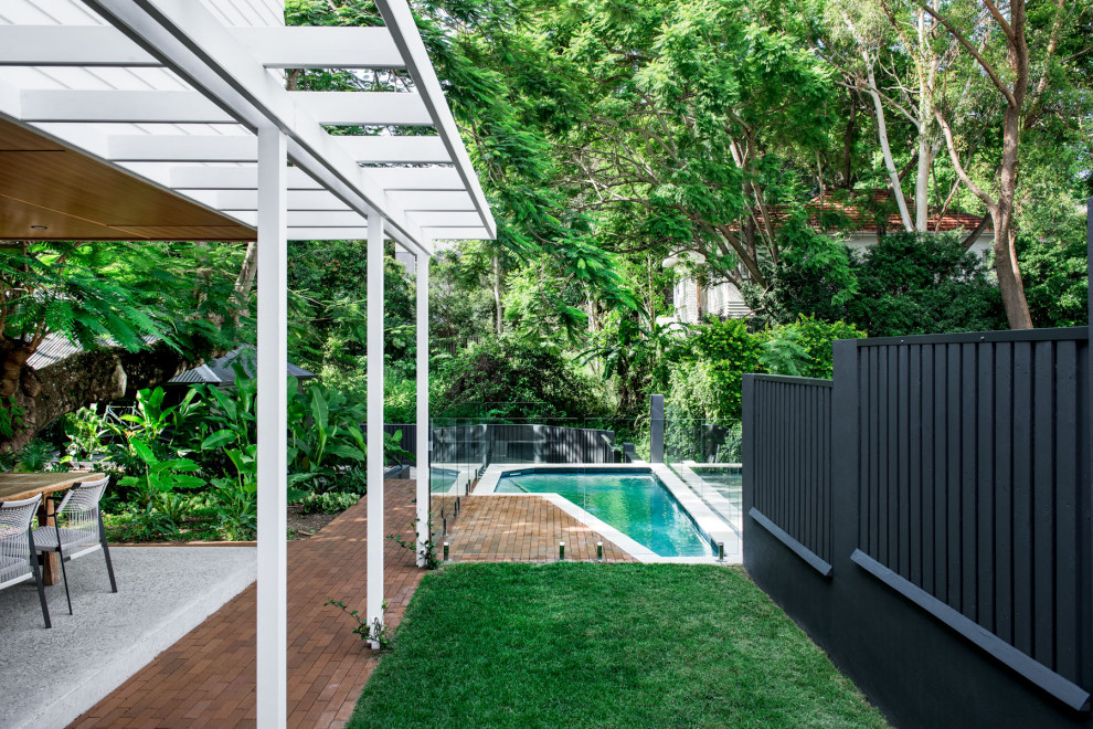 This is an example of a small contemporary courtyard partial sun formal garden in Brisbane with with privacy feature and brick pavers.
