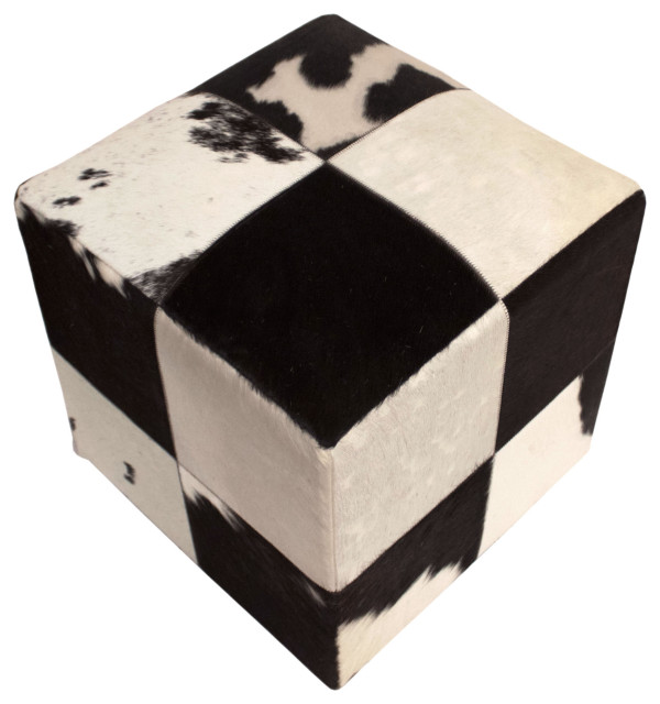 100 Handmade Cowhide Animal Print Hide Pouf Oscar, Black, 18x18x18