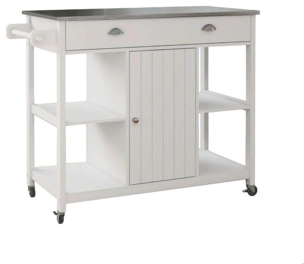 Contemporary Kitchen Cart, Grooved Door With Side Open Shelves, White/Brown