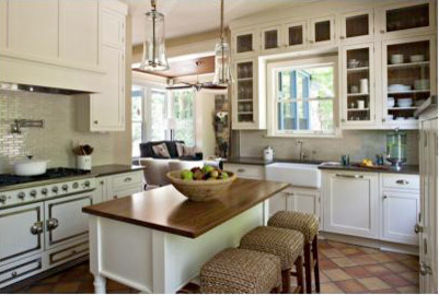 Enclosed kitchen - small traditional u-shaped terra-cotta tile enclosed kitchen idea in DC Metro with a farmhouse sink, recessed-panel cabinets, white cabinets, quartz countertops, white backsplash, subway tile backsplash, paneled appliances and an island