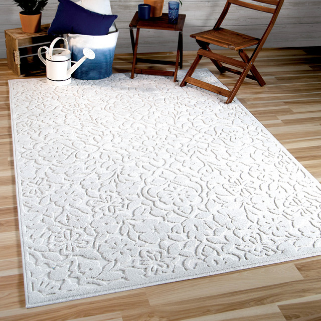 Orian Boucle Indoor/Outdoor Cottage Floral High-Low Area Rug, Ivory