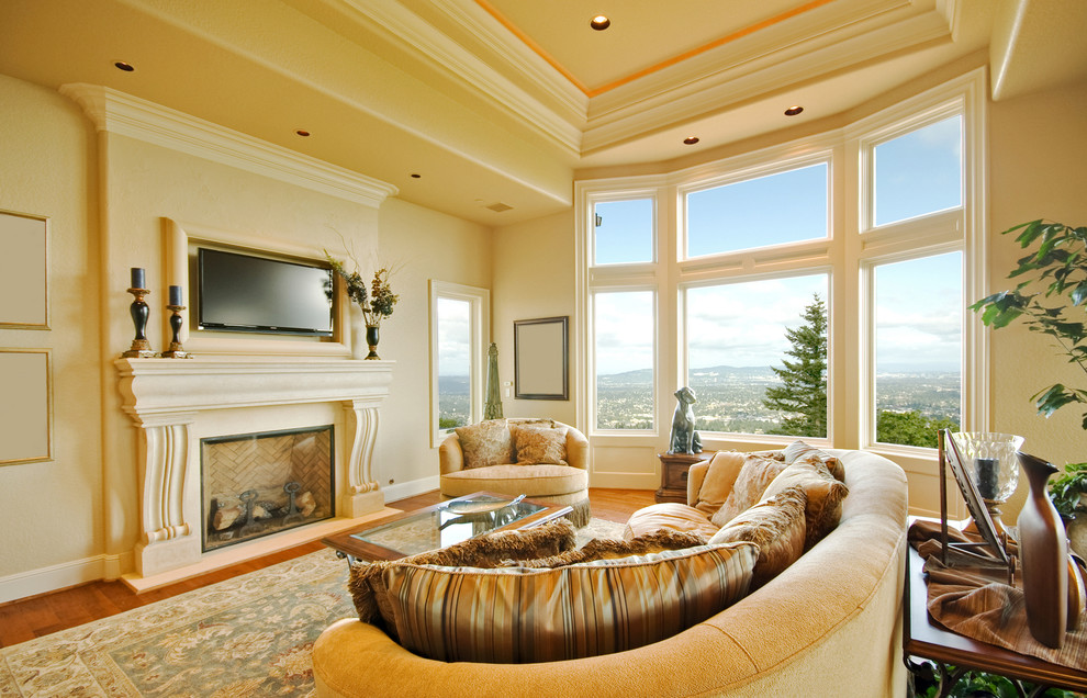Large traditional formal open concept living room in Other with beige walls, marble floors and no tv.