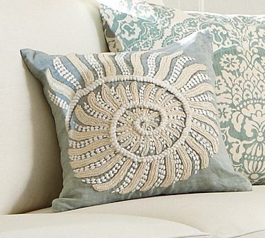Blue Nautilus Embroidered Pillow Cover 18" sq.