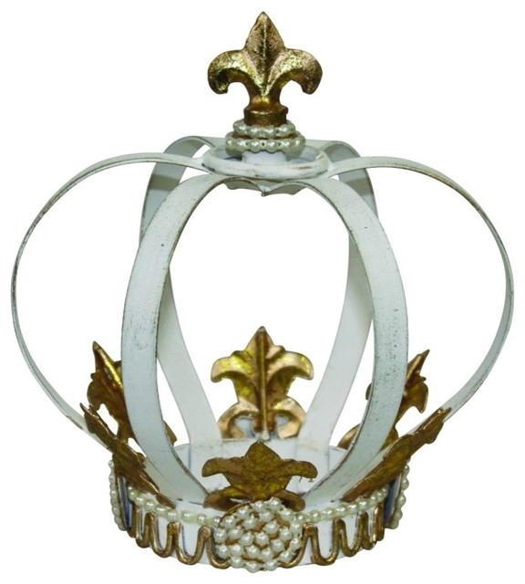 White Gold Crown Tabletop Decor Finial Pearls Fleur De Lis French
