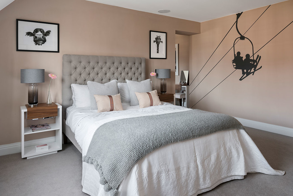 Large contemporary guest bedroom in Berkshire with pink walls, carpet and grey floor.