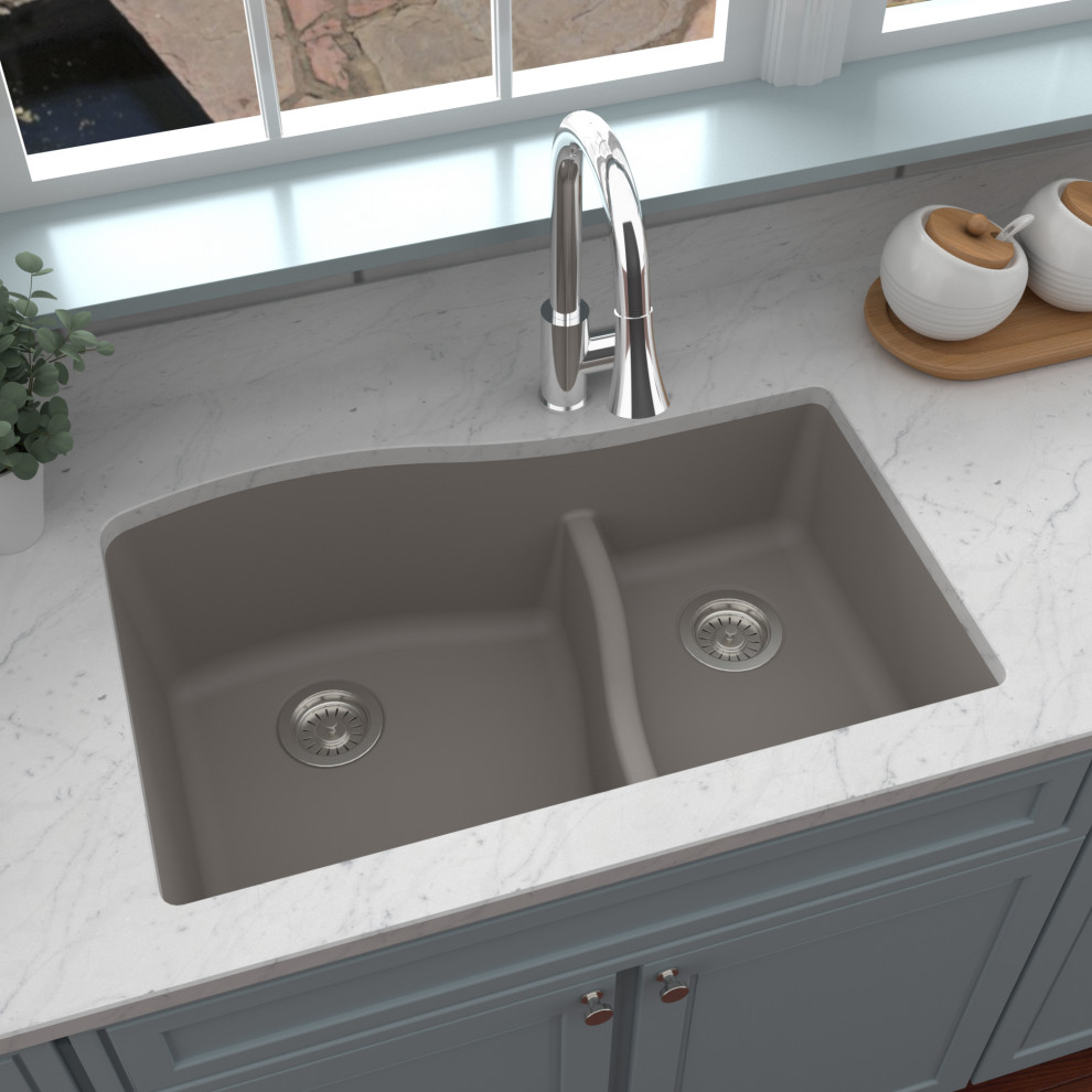Karran Undermount Quartz 32" 60/40 Double Bowl Kitchen Sink, Concrete