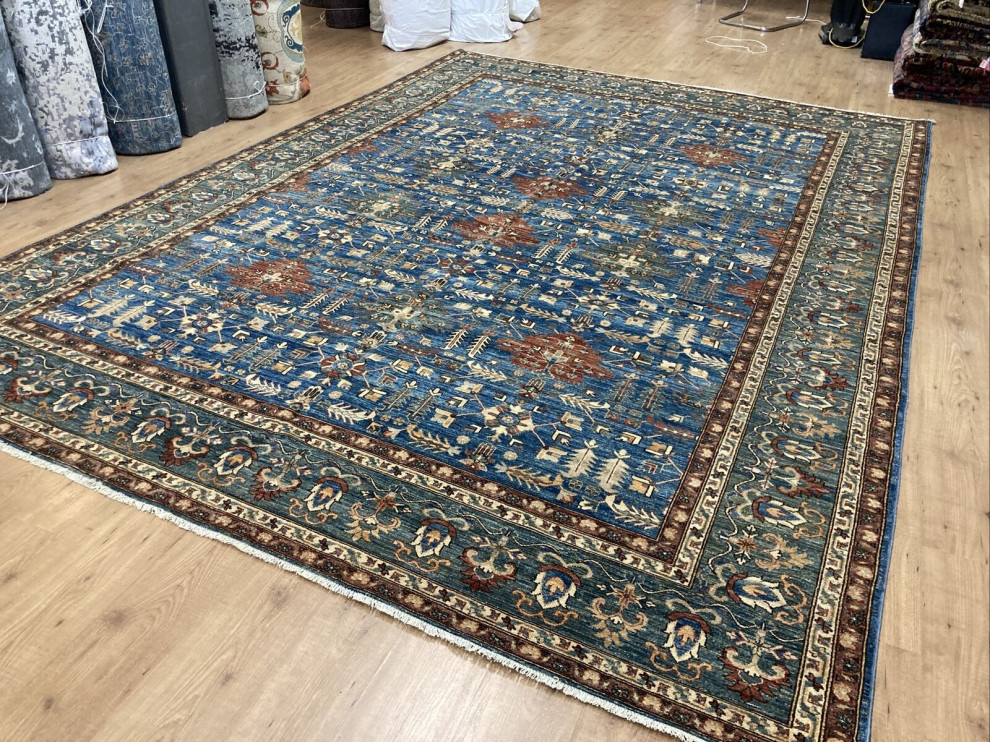 Fine Vegetable dye Handmade Wool Blue Rust Rug 10x14 Mediterranean Area Rugs by SUMMIT RUG