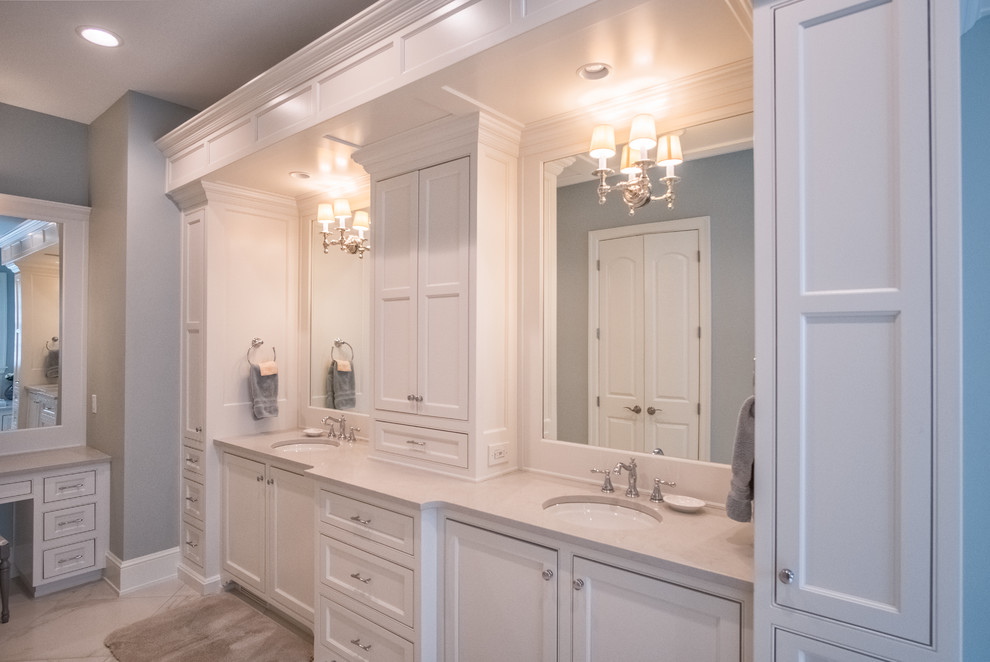 Alcove bathtub - large transitional master ceramic tile alcove bathtub idea with shaker cabinets, white cabinets, gray walls and an undermount sink