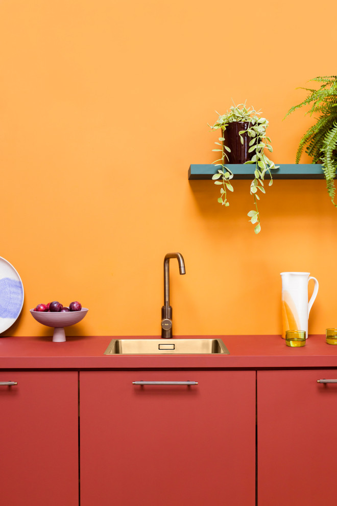 Cette image montre une petite cuisine ouverte linéaire minimaliste avec un évier 1 bac, un placard à porte plane, des portes de placard rouges, un plan de travail en bois, une crédence orange, une crédence en bois et un plan de travail rouge.