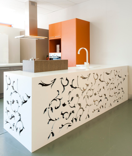 Modern kitchen in Melbourne with solid surface benchtops.