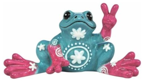 Turquoise Frog Mini Figurine with Flower Design Holds Up Peace Sign