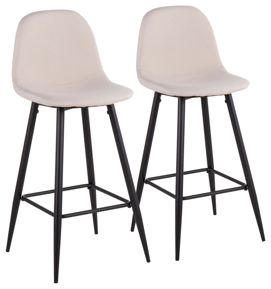 Pebble MidCentury Modern Barstool, Black Metal/Beige Fabric, Set of 2