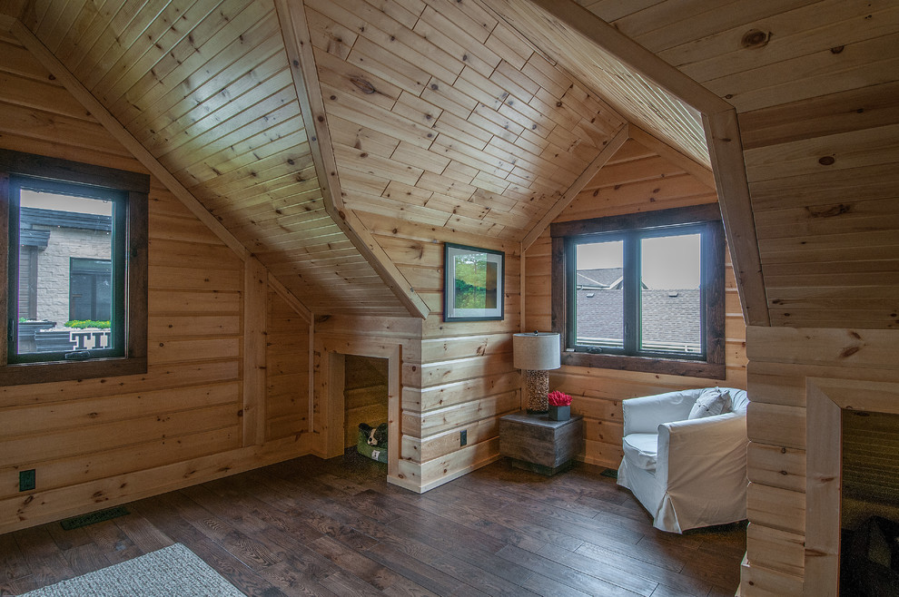 Mid-sized country loft-style bedroom in Charlotte with brown walls and medium hardwood floors.