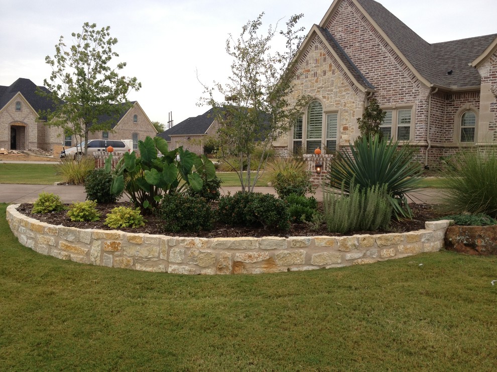 Large country front yard full sun driveway in Dallas with a retaining wall.
