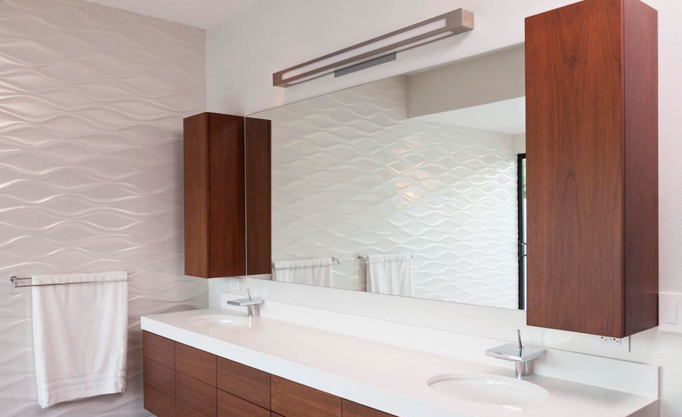 Large modern master bathroom in Miami with a corner shower, white tile, white walls, bamboo floors, brown floor, flat-panel cabinets, brown cabinets, a drop-in sink and granite benchtops.