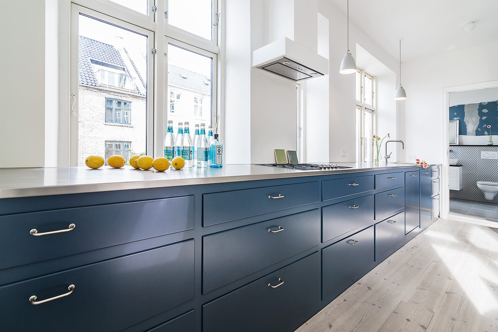 Photo of a scandinavian single-wall kitchen in Copenhagen with raised-panel cabinets, blue cabinets, light hardwood floors and no island.