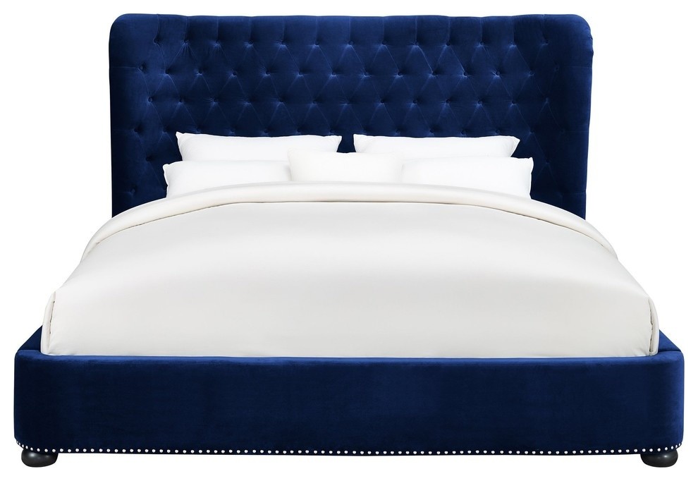 Finley Blue Velvet Bed, King Traditional Platform Beds by