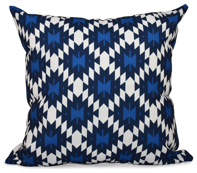 Jodhpur Kilim, Geometric Print Pillow, Navy Blue, 18"x18"