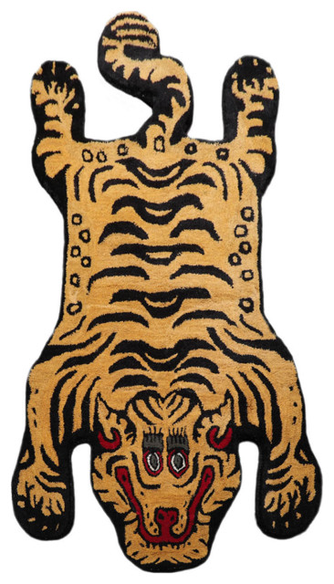 3'x5' Gold Tiger Design Hand Tufted Oriental Wool Rug, 0.75