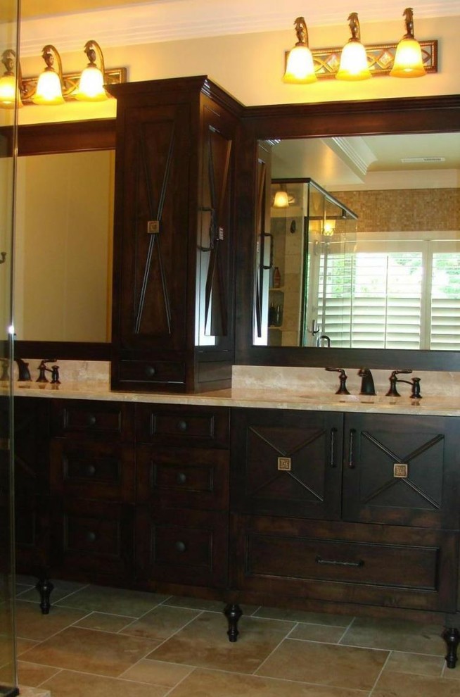 Bathroom - beige tile porcelain tile bathroom idea with white cabinets, granite countertops and a hot tub