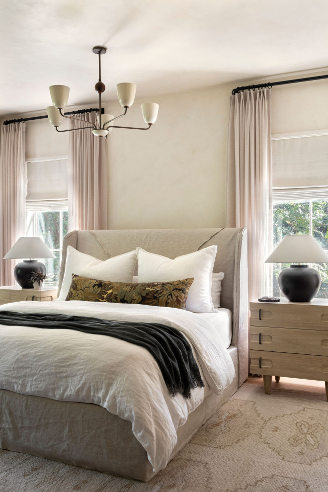 Bedroom - transitional medium tone wood floor and brown floor bedroom idea in Nashville with beige walls