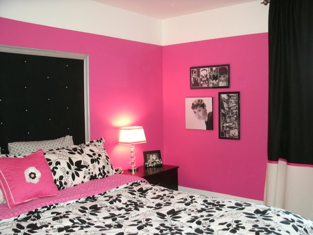 Dramatic Hot Pink, Black & White Teen Bedroom - Contemporary - Bedroom