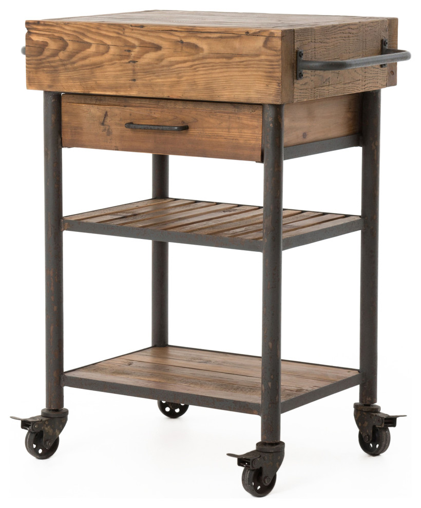 Industrial Reclaimed Wood Rolling Kitchen Island Cart