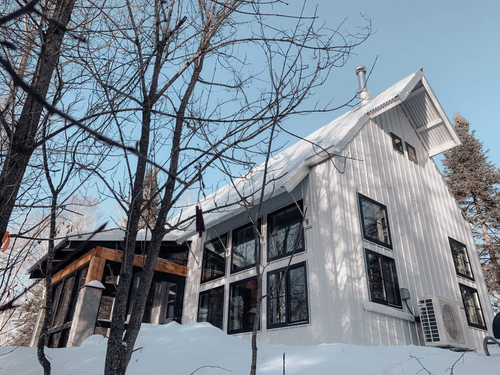 Kleines, Zweistöckiges Landhausstil Einfamilienhaus mit Metallfassade, weißer Fassadenfarbe, Satteldach, Blechdach und Wandpaneelen in Minneapolis