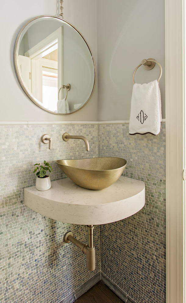 Inspiration for a small transitional powder room in Charleston with grey walls, dark hardwood floors, a vessel sink, brown floor, multi-coloured tile, mosaic tile, engineered quartz benchtops and white benchtops.