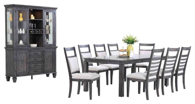 11 Pc Dining Set With China Cabinet In Weathered Gray Finish 11 Pc Dining Set With China Cabinet In Weathered Gray Finish