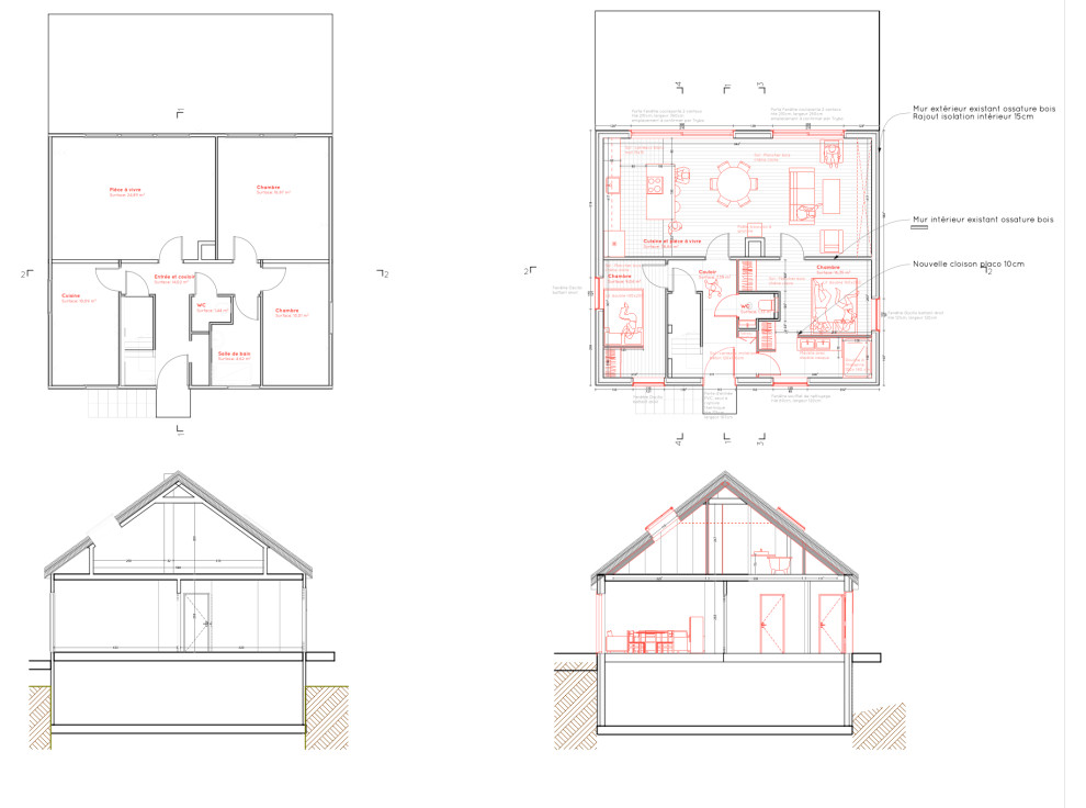 Maison T  Plan existant et plan projeté