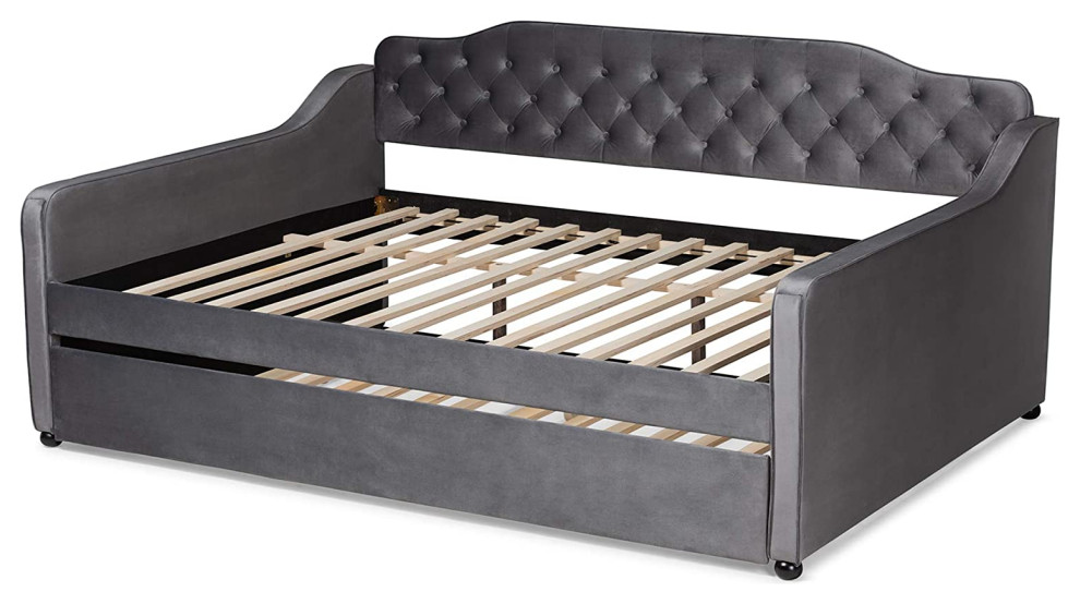 Queen Daybed, Curved Headboard With Button Tufted Velvet Upholstery