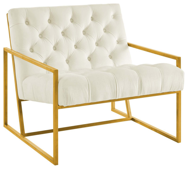 Velvet Tufted Armchair Brushed Gold Stainless Steel Frame, Ivory Velvet