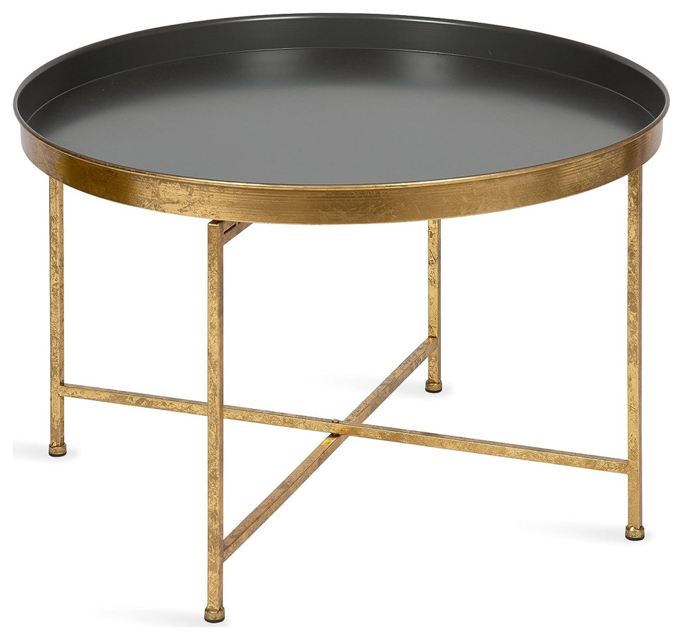 Modern Coffee Table, Crossed Base With Removable Tray Like Top, Gold/Gray