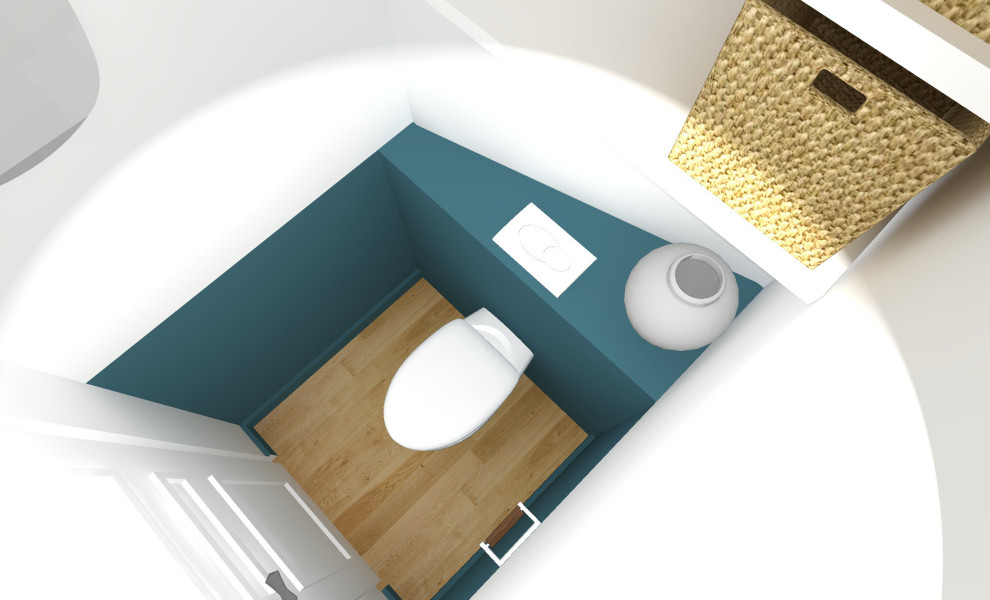 Immagine di un piccolo bagno di servizio moderno con WC sospeso, pareti blu, pavimento con piastrelle effetto legno e mobile bagno incassato