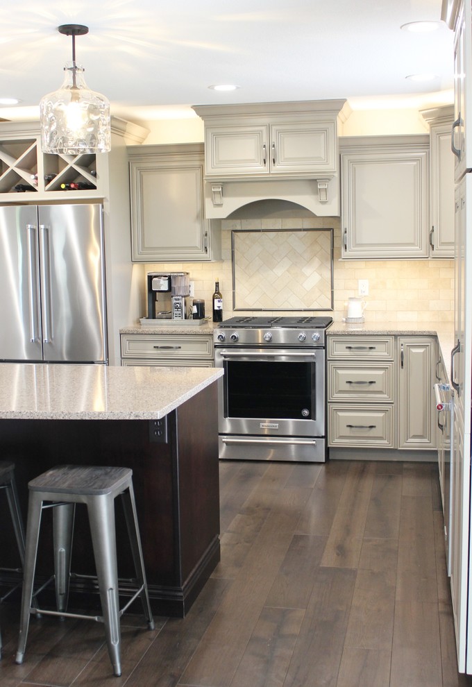 Farmhouse Kitchen Taupe Painted Cabinets Quartz Tops And Dark