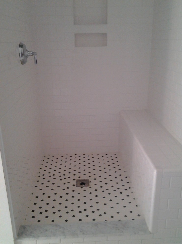 Photo of a large country bathroom in New York with a console sink, a freestanding tub, a one-piece toilet, white tile, ceramic tile, white walls, ceramic floors and with a sauna.