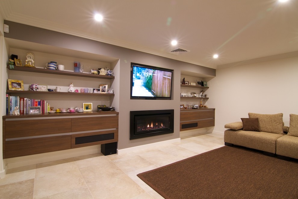 Design ideas for a mid-sized contemporary living room in Sydney with travertine floors and beige floor.
