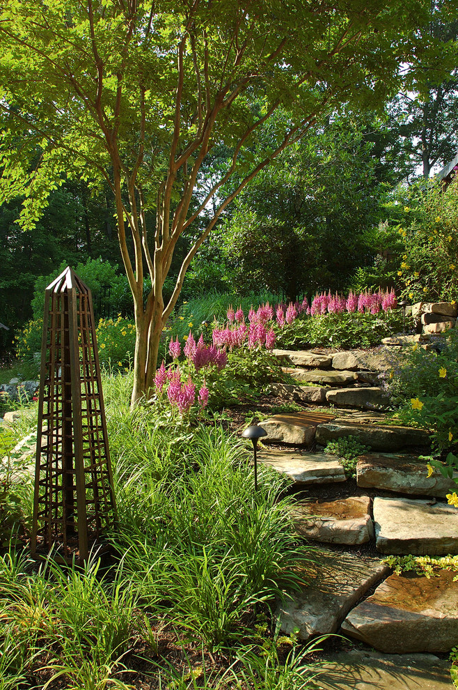 Design ideas for a mid-sized transitional partial sun backyard stone landscaping in DC Metro.