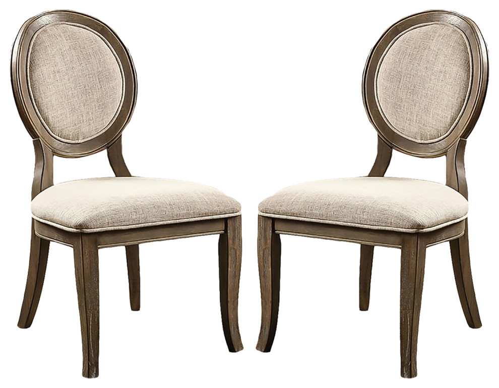 Set of 2 Dining Side Chairs, Rustic Dark Oak and Beige