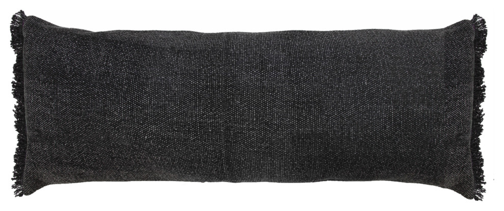 Muted Black Solid Stonewash Throw Pillow With Fringe, 14" X 36"