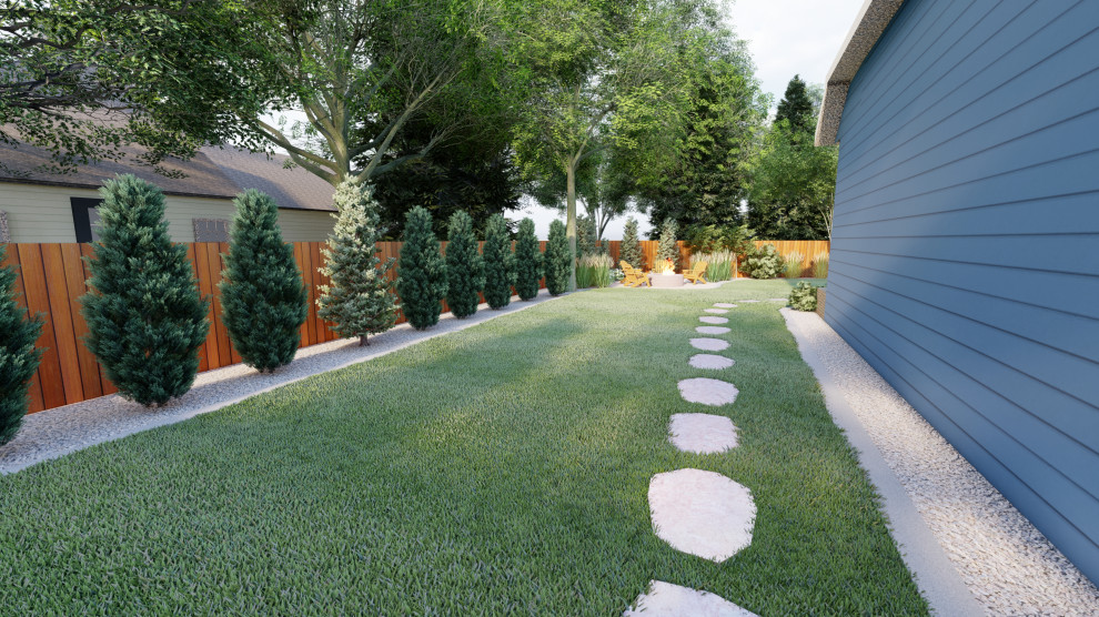 На фото: участок и сад среднего размера на боковом дворе в стиле модернизм с дорожками и покрытием из каменной брусчатки с