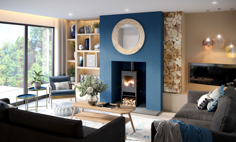 Design ideas for a large contemporary open concept living room in Hampshire with laminate floors, a wood stove, a plaster fireplace surround, a wall-mounted tv and grey floor.