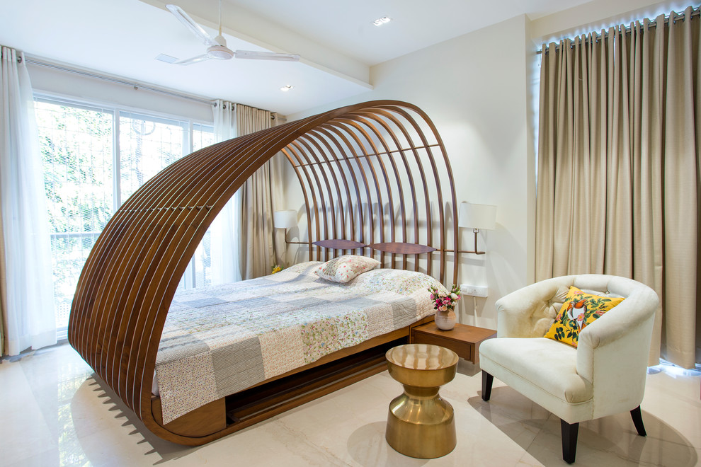 Design ideas for a contemporary master bedroom in Mumbai with white walls and white floor.
