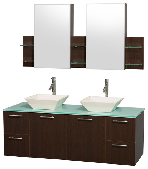 Amare 60" Espresso Double Sink Vanity With Green Glass Top and Medicine Cabinet