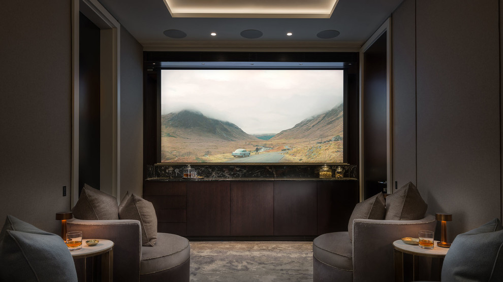 This is an example of a small contemporary home theatre in London.