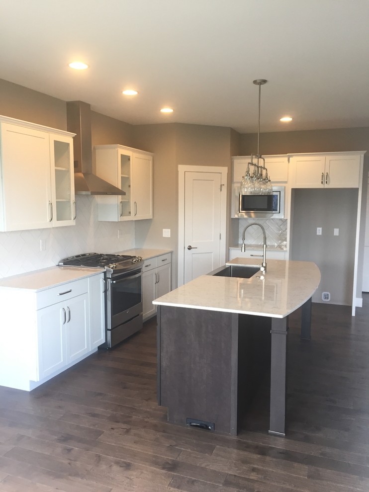 Mid-sized transitional l-shaped dark wood floor and brown floor kitchen photo in Cedar Rapids with a farmhouse sink, shaker cabinets, white cabinets, quartz countertops, white backsplash, ceramic backsplash, stainless steel appliances, an island and white countertops